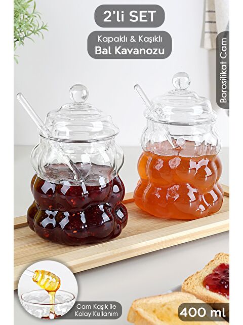 Meleni Home 2li Kaşıklı Borosilikat Cam Bal Kavanozu Kapaklı Boncuk Şekilli Reçellik Bal Reçel Kavanozu 400ml - S000385557-26865