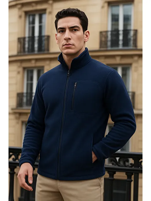 Comstar Erkek Kışlık Basic Fermuarlı Cepli Lacivert Polar Hırka