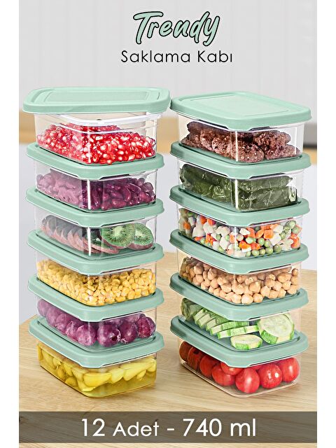 Meleni Home 12 Adet Dikdörtgen Erzak Saklama Kabı Mikrodalgaya Uygun Düzenleyici Organizer 740ml Yeşil - S000385565-18194