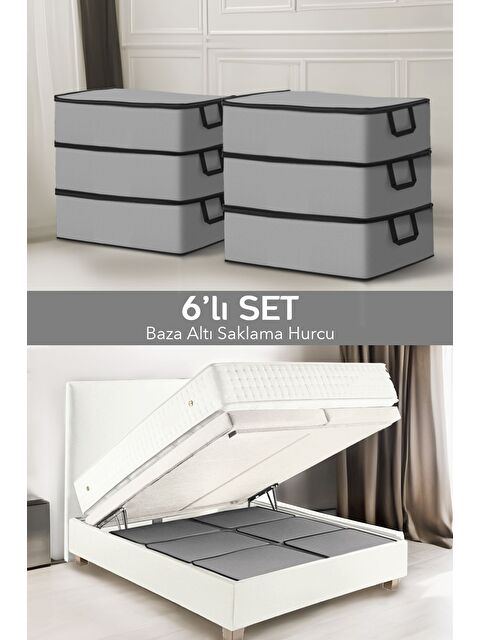 Meleni Home 6'lı Çekyat Tipi Siyah Şeritli Organizer Hurç Baza Altı Yorgan Yastık Çamaşır Saklama Hurcu Gri - S000385568-20600