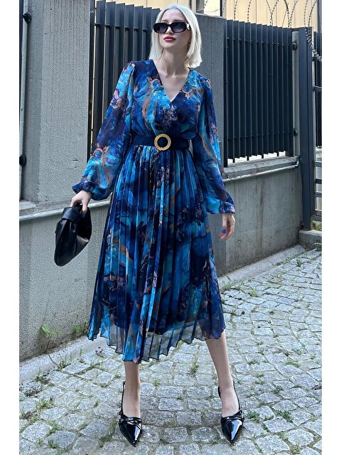 Madmext Saks Kruvaze Yaka Desenli Şifon Elbise Mg2065 - S000173403-23710