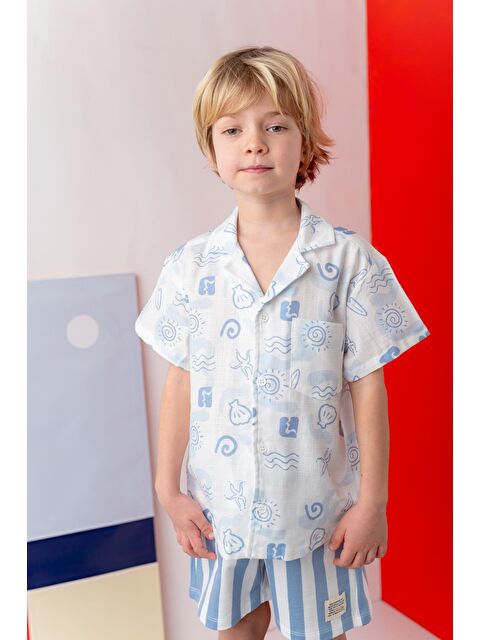 ZEYLAND Erkek Çocuk Desenli Keten Gömlek - Mavi - S000362987-17234