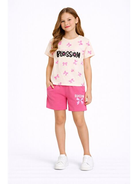 Cansın Mini Pembe Fiyonk Desenli Bisiklet Yaka Tişörtlü Kız Çocuk Şortlu Takım 23882