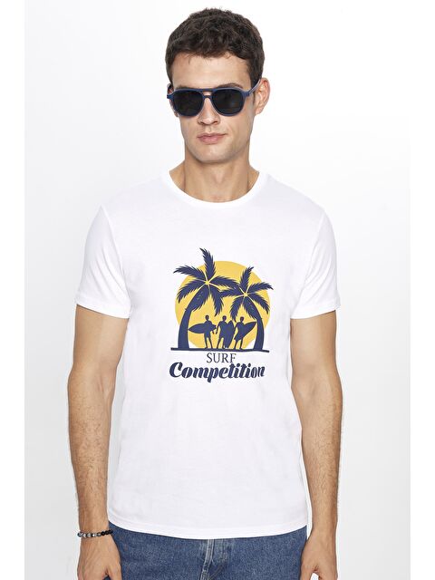 TUDORS Erkek Slim Fit Dar Kesim %100 Pamuk Yumuşak Dokulu Baskılı Beyaz Bisiklet Yaka Tişört - S000236585-20063