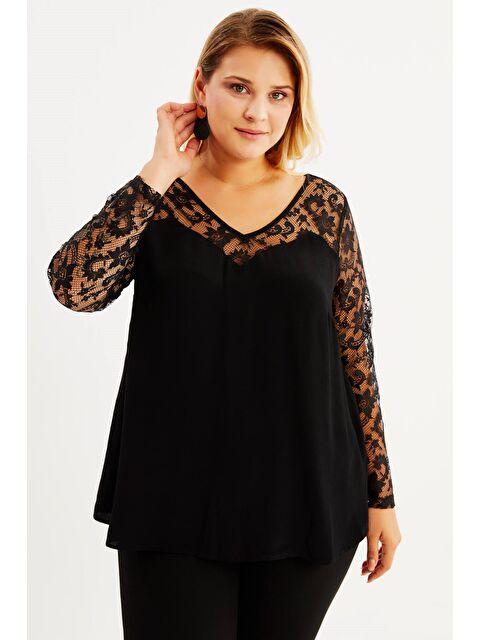 Mylinemoda V Yaka Kolları Dantelli Bluz - S000239562-19351