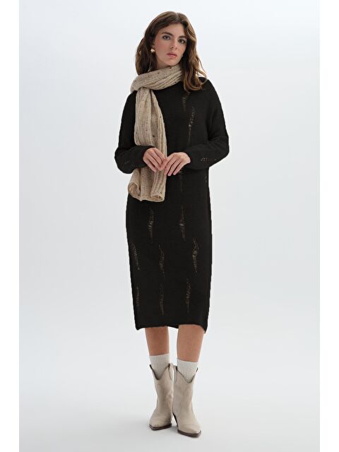 Sherin Siyah Uzun Yırtık Desenli Triko Elbise - S000303488-19351