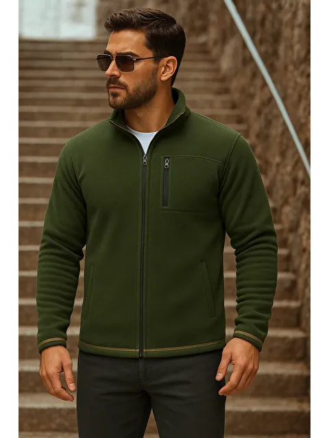 Comstar Erkek Fermuarlı Trend Kışlık Cepli Haki Polar Hırka