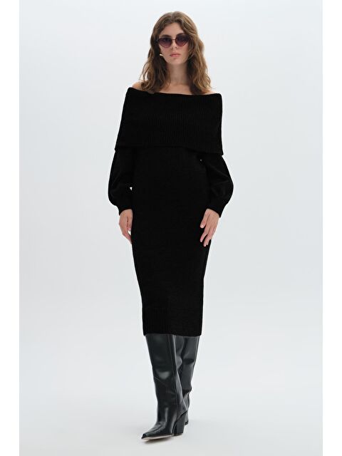 Sherin Siyah Şal Yaka Uzun Triko Elbise - S000303489-19351