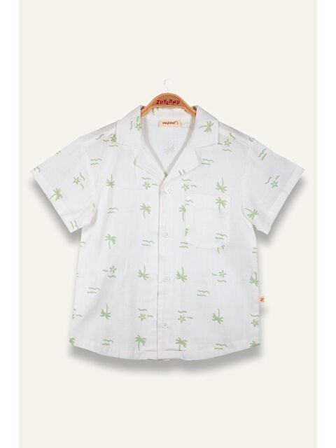 ZEYLAND Erkek Çocuk Desenli Keten Gömlek - Yeşil - S000362998-18194