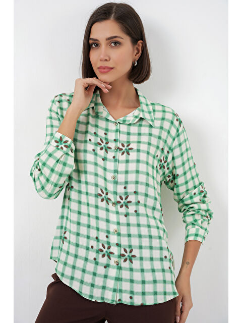 Bigdart Kadın Desenli Oversize Viskon Gömlek 20371 - Yeşil - S000524598-18194