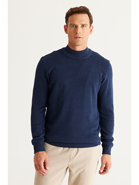 AC&Co / Altınyıldız Classics Erkek İndigo Recycle Standart Fit Yarım Balıkçı Yaka Pamuklu Desenli Triko Kazak - S000394542-23093