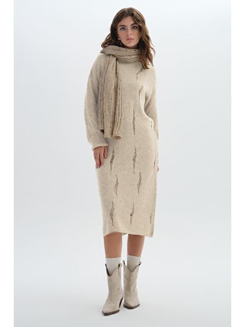 Sherin Bej Uzun Yırtık Desenli Triko Elbise - S000303488-19928