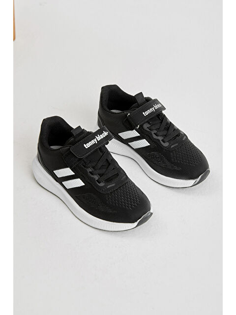 TONNY BLACK Çocuk Unisex Siyah Beyaz Eva Taban Yanı Şeritli File Detaylı Cırtlı Spor Ayakkabı - S000493925-37424