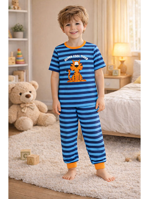 Koza İç Giyim Erkek Çocuk Pamuklu Çizgili Baskılı Kısa Kollu Uzun Alt Pijama Takımı