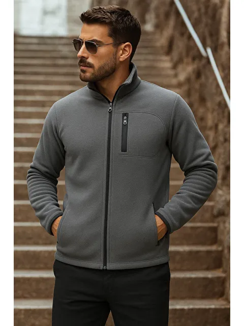 Comstar Erkek Fermuarlı Trend Kışlık Cepli Füme Polar Hırka