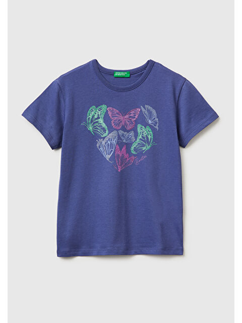 United Colors Of Benetton Kız Çocuk Koyu Lacivert Simli Grafik Baskılı Yuvarlak Yaka T-Shirt