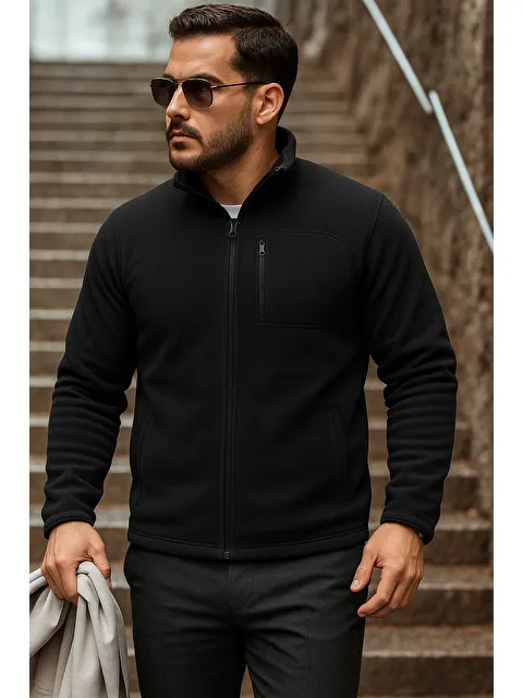 Comstar Erkek Fermuarlı Trend Kışlık Cepli Siyah Polar Hırka