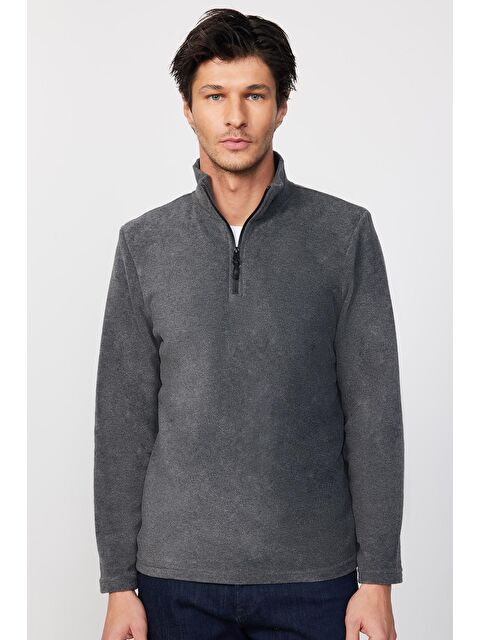 TUDORS Erkek Standart Fit  Tüylenme Yapmayan Soğuk Geçirmez Antrasit Dik Yaka Polar Sweatshirt - S000243180-29666