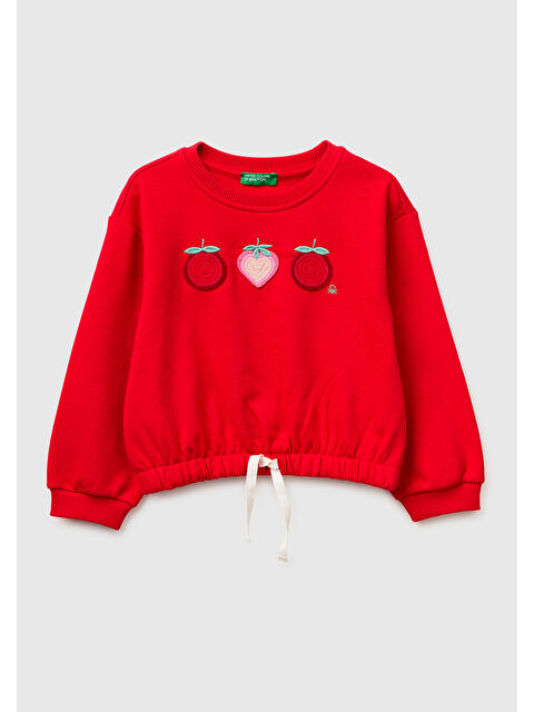 United Colors Of Benetton Kız Çocuk Kırmızı Tığ İşi Aplike Detaylı Etek Ucu Büzgülü Sweatshirt