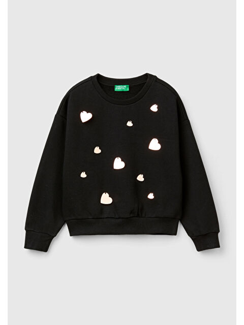 United Colors Of Benetton Kız Çocuk Siyah Önü Kalpli Payetli Düşük Omuz Bisiklet Yaka Sweatshirt - S000318142-19351