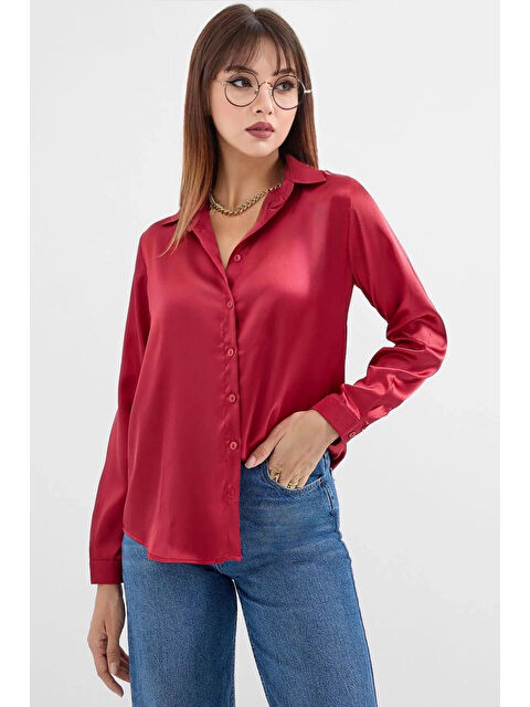 Hazelin Kadın Bordo Saten Yüzeyli  Gömlek HZL25W-BD139641 - S000228129-19951