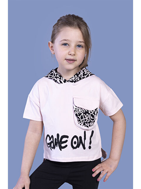 Toontoykids Kız Çocuk Cep Detaylı Kapüşonlu Baskılı Tişört