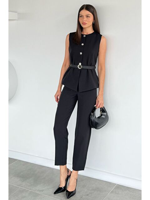 Gülseli Kadın Kemer Aksesuarlı Yelek Pantolon İkili Takım