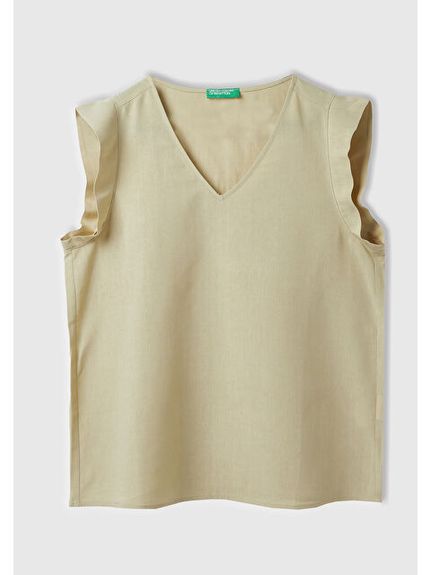 United Colors Of Benetton Kadın Bej Liyosel Ve Keten Karışımlı Geniş Kesim V Yaka Bluz - S000307706-19928