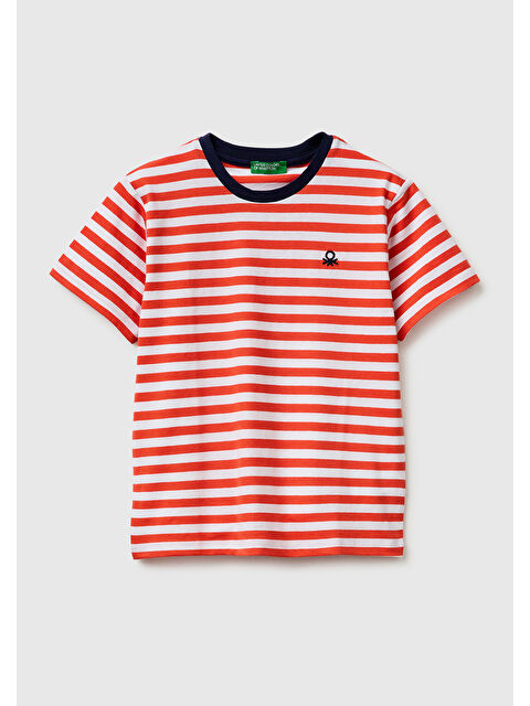 United Colors Of Benetton Erkek Çocuk Kırmızı Mix İplik Boyalı Logo İşlemeli Çizgili Bisiklet Yaka T-Shirt