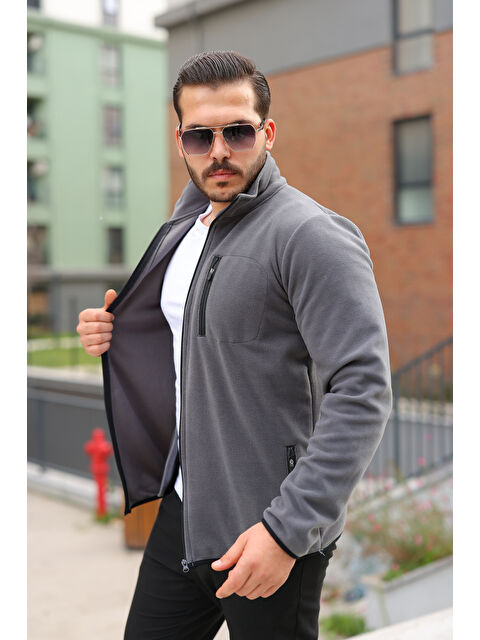 Comstar Erkek Kışlık Trend Fermuarlı Cepli Füme Polar Hırka