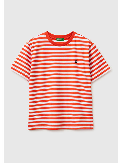 United Colors Of Benetton Erkek Çocuk Kırmızı Mix Çok Renkli Logo İşlemeli Çizgili T-Shirt