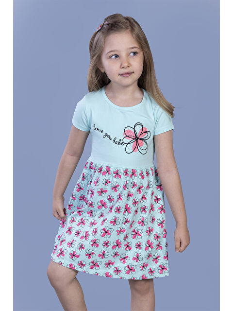 Toontoykids Kız Çocuk Çiçek Desenli Yazı Nakışlı Pullu Taş İşlemeli Elbise - S000420076-20055