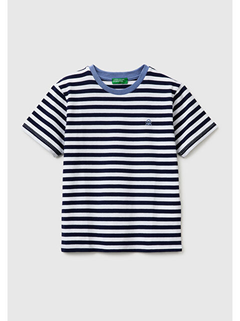 United Colors Of Benetton Erkek Çocuk Mavi Mix İplik Boyalı Logo İşlemeli Çizgili Bisiklet Yaka T-Shirt