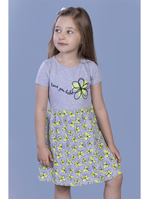 Toontoykids Kız Çocuk Çiçek Desenli Yazı Nakışlı Pullu Taş İşlemeli Elbise - S000420076-20600