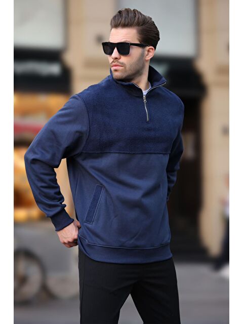Madmext Lacivert Dik Yaka Yarım Fermuarlı Polar Sweatshirt 7096