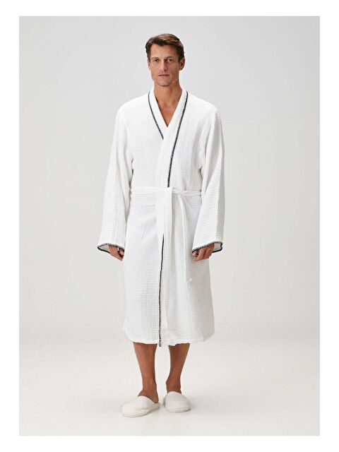 İrya Loom 4 Katlı Müslin Çoban Dikşili Erkek Bornoz Beyaz - S000503608-20063