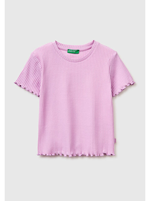 United Colors Of Benetton Kız Çocuk Pembe Etek Ucu Fırfırlı Bisiklet Yaka Kısa Kollu T-Shirt