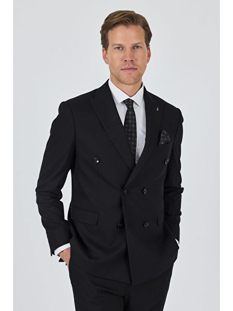 İMZA Siyah Kılıç Yaka Düz Kruvaze Classic Esnek Slim Fit Takım Elbise 1001250172 - S000388018-19351