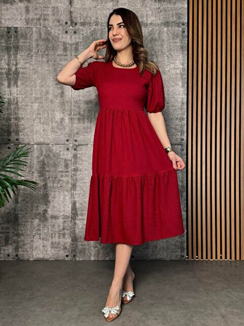 Jane's Kadın Kısa Kollu Yakası Açık Katlı Bürümcük Balon Elbise