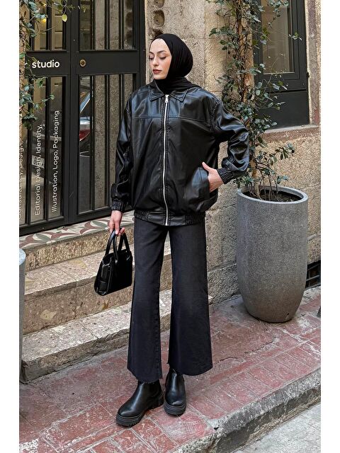 Lamelif Fermuarlı Deri Ceket Siyah - S000518329-19351