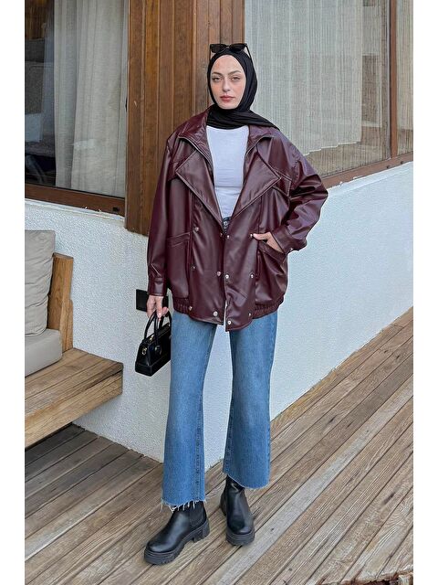 Lamelif Premium Deri Ceket Bordo - S000518332-19951