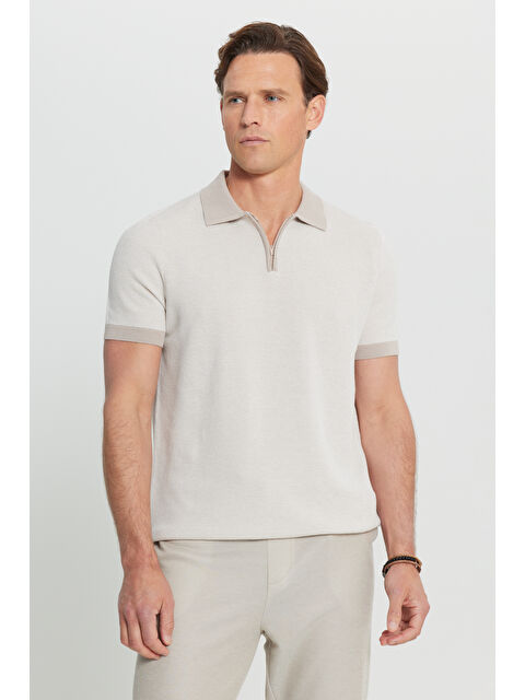 Altınyıldız Classics Erkek Bej %100 Pamuk Standart Fit Normal Kesim Polo Yaka Jakarlı Triko Tişört - S000432898-19928