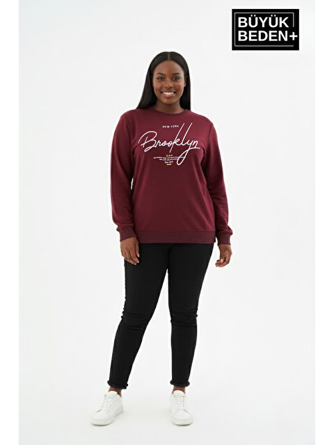 Süperlife Kadın Büyük Beden El Yazılı Brooklyn Baskılı Bisiklet Yaka İnce Sweatshirt SPR26BSWK956-6 - S000487634-19951