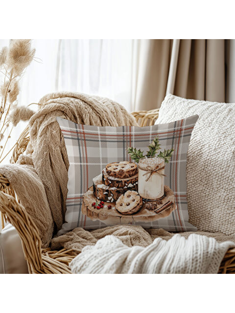 Evmila Kış Temalı Dekoratif Kırlent Kılıfı, Ekose Desenli ve Kurabiye Figürlü Kadife 43x43 cm - S000511369-19928