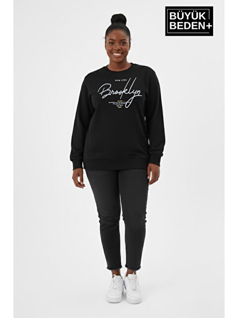 Süperlife Kadın Büyük Beden El Yazılı Brooklyn Baskılı Bisiklet Yaka İnce Sweatshirt SPR26BSWK956-6 - S000487634-19351