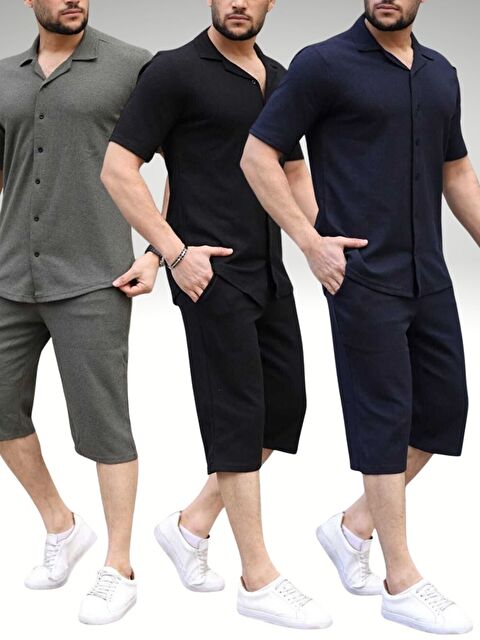 Trendseninle 3Lü Set Haki Siyah Laci Waffle Kumaş Kapri Şort Gömlek Erkek Kısa Kollu Takım Slim Fit - S000359968-27206