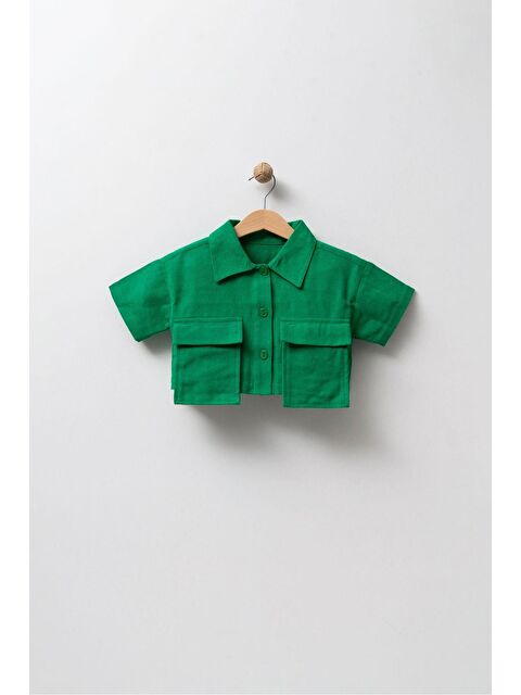Magu Kız Çocuk Keten Yeşil Cepli Crop Gömlek - S000378516-18194