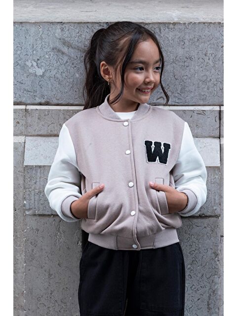 For You Kids W Nakışlı Kız Çocuk Bej Bomber Kolej Ceket - S000327405-19928