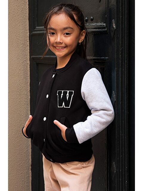 For You Kids W Nakışlı Kız Çocuk Siyah Bomber Kolej Ceket - S000327407-19351