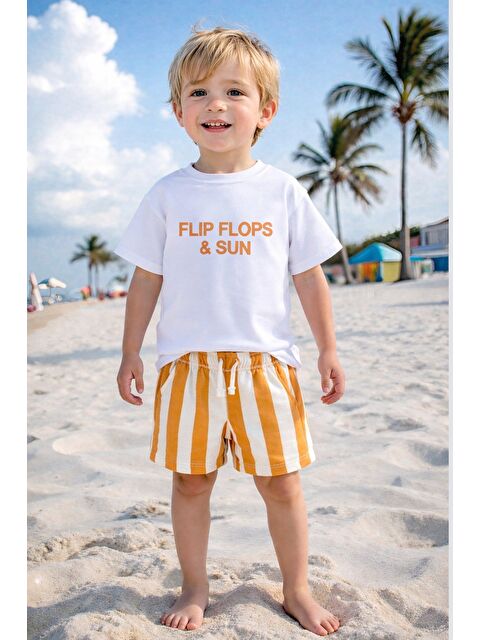 Monila Erkek Çocuk Pamuklu Ekru Slogan Baskılı T-Shirt Ve Turuncu Çizgili Şort Takım - S000526853-4267